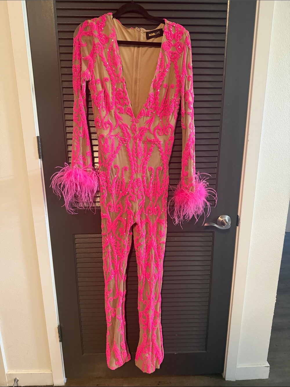 Fashion Nova Hot Pink Embellished Sheer Jumpsuit with Feather Cuffs